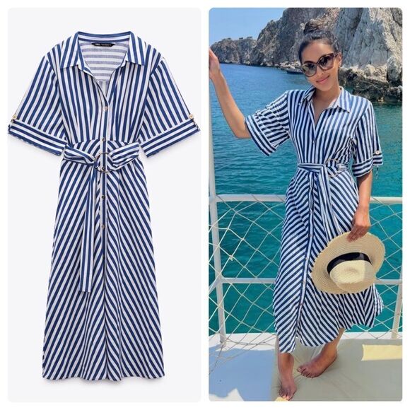Zara Linen Blend Striped Dress Belted NEW - Picture 1 of 14